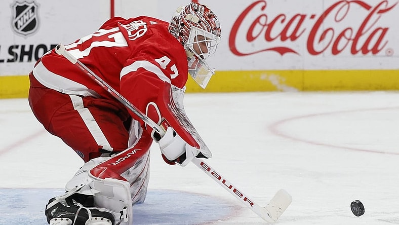 Nov 2, 2023; Detroit, Michigan, USA;  Detroit Red Wings goaltender James Reimer (47) makes a save in the third period against the Florida Panthers at Little Caesars Arena. Mandatory Credit: Rick Osentoski-USA TODAY Sports