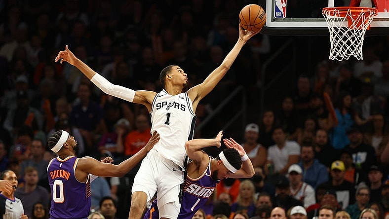 Nov 2, 2023; Phoenix, Arizona, USA; San Antonio Spurs center Victor Wembanyama (1) against the Phoenix Suns in the first half at Footprint Center. Mandatory Credit: Mark J. Rebilas-USA TODAY Sports
