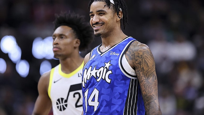 Nov 2, 2023; Salt Lake City, Utah, USA; Orlando Magic guard Gary Harris (14) reacts to a play against the Utah Jazz in the first half at the Delta Center. Mandatory Credit: Rob Gray-USA TODAY Sports