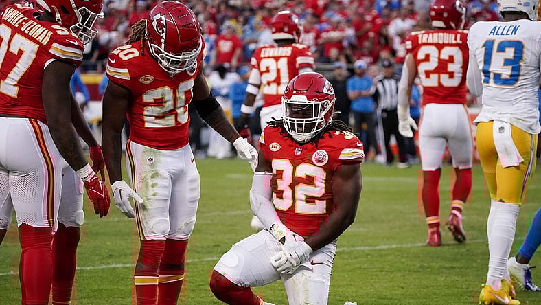 Oct 12, 2023; Kansas City, Missouri, USA; Kansas City Chiefs linebacker Nick Bolton (32) holds his wrist against the Los Angeles Chargers during the game at GEHA Field at Arrowhead Stadium. Mandatory Credit: Denny Medley-USA TODAY Sports
