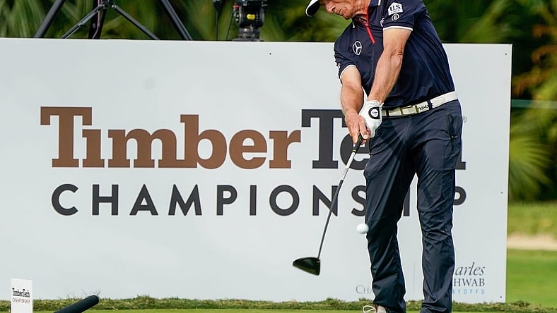 Bernhard Langer hits his drive on the 18th hole during the opening round of the TimberTech Championship at The Old Course at Broken Sound on Friday, November 3, 2023, in Boca Raton, FL.