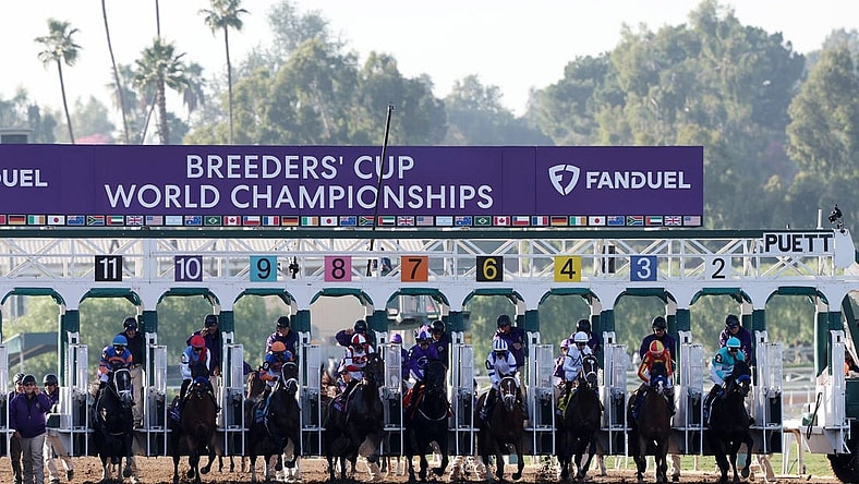 Nov 3, 2023; Santa Anita, CA, USA; Horses start at BREEDERS' CUP JUVENILE race during the 2023 Breeders' Cup World Championships at Santa Anita Park. Mandatory Credit: Kiyoshi Mio-USA TODAY Sports