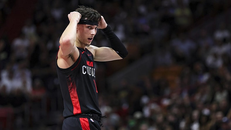 Nov 3, 2023; Miami, Florida, USA; Miami Heat guard Tyler Herro (14) looks on against the Washington Wizards during the second quarter at Kaseya Center. Mandatory Credit: Sam Navarro-USA TODAY Sports
