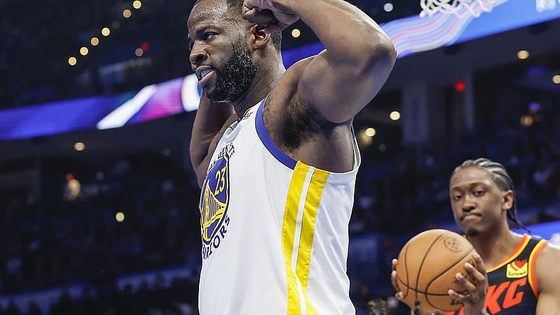 Nov 3, 2023; Oklahoma City, Oklahoma, USA; Golden State Warriors forward Draymond Green (23) reacts after a play against the Oklahoma City Thunder during the second half at Paycom Center. Mandatory Credit: Alonzo Adams-USA TODAY Sports