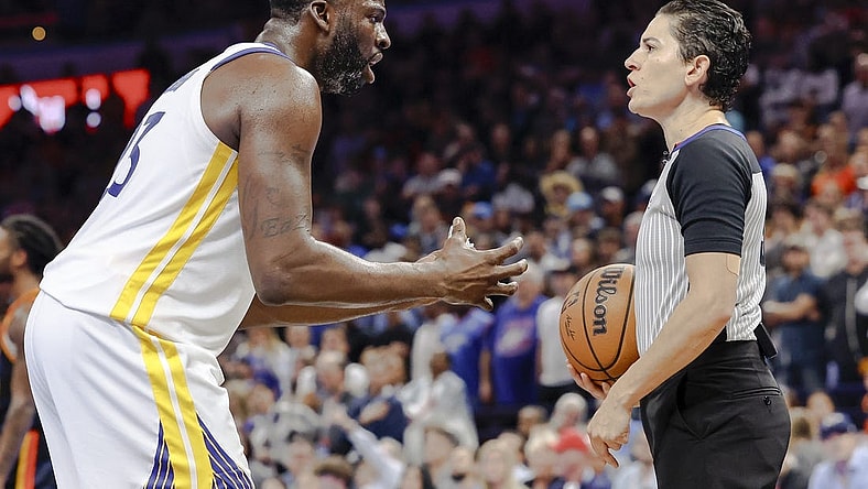Nov 3, 2023; Oklahoma City, Oklahoma, USA; Golden State Warriors forward Draymond Green (23) reacts to an officials call during the second half against the Oklahoma City Thunder at Paycom Center. Mandatory Credit: Alonzo Adams-USA TODAY Sports