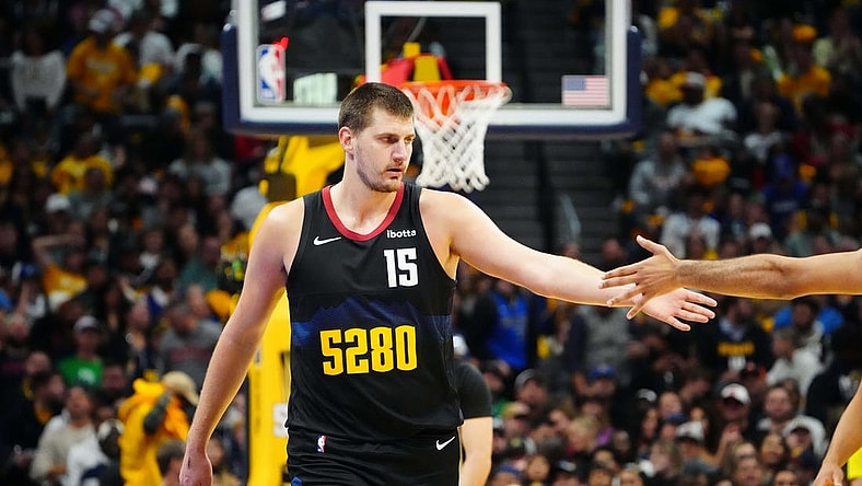 Nov 3, 2023; Denver, Colorado, USA; Denver Nuggets center Nikola Jokic (15) during the second quarter against the Dallas Mavericks at Ball Arena. Mandatory Credit: Ron Chenoy-USA TODAY Sports