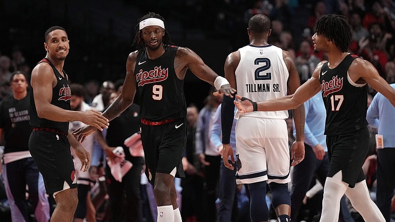 Nov 3, 2023; Portland, Oregon, USA; Portland Trail Blazers small forward Jerami Grant (9) celebrates a three-point shot with teammate Shaedon Sharpe (17) during overtime against the Memphis Grizzlies at Moda Center. Mandatory Credit: Soobum Im-USA TODAY Sports