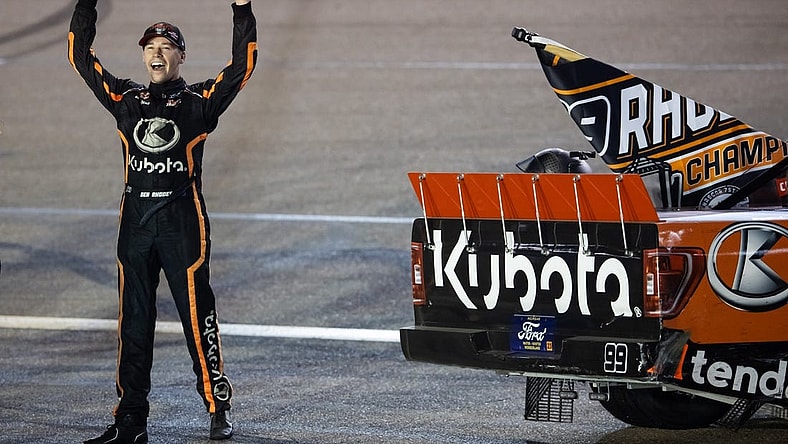 Nov 3, 2023; Avondale, Arizona, USA; NASCAR Truck Series driver Ben Rhodes celebrates after winning the Truck Series Championship during the Championship Race at Phoenix Raceway. Mandatory Credit: Mark J. Rebilas-USA TODAY Sports