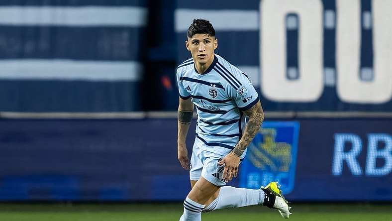 Oct 25, 2023; Kansas City, KS, USA; Sporting Kansas City forward Alan Pulido (9) controls the ball during the second half against the San Jose Earthquakes in the Western Conference Wild Card match of the 2023 MLS Cup Playoffs at Children's Mercy Park. Mandatory Credit: Jay Biggerstaff-USA TODAY Sports
