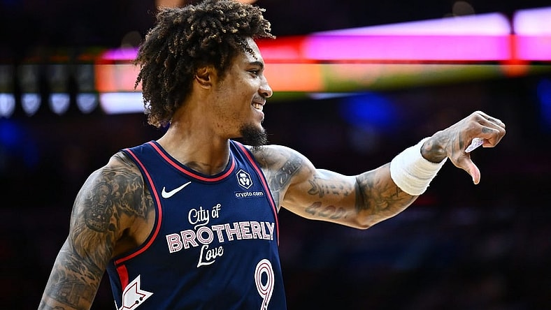 Nov 4, 2023; Philadelphia, Pennsylvania, USA; Philadelphia 76ers guard Kelly Oubre Jr (9) gestures in the second quarter against the Phoenix Suns at Wells Fargo Center. Mandatory Credit: Kyle Ross-USA TODAY Sports