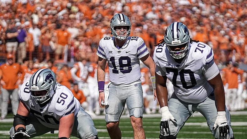 Kansas State quarterback Will Howard (18) yells orders at his teammates during the game against the Texas Longhorns at Royal-Memorial Stadium on Saturday, Nov. 4, 2023 in Austin.