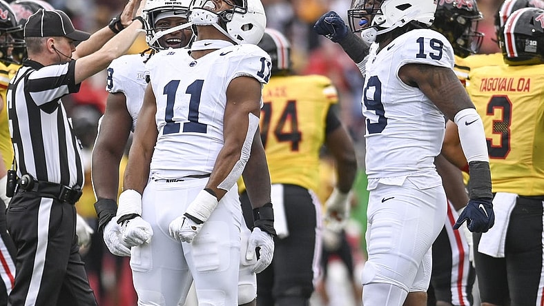 Nov 4, 2023; College Park, Maryland, USA;  Penn State Nittany Lions linebacker Abdul Carter (11) celebrates after sacking Maryland Terrapins quarterback Taulia Tagovailoa (3) dung the first half at SECU Stadium. Mandatory Credit: Tommy Gilligan-USA TODAY Sports