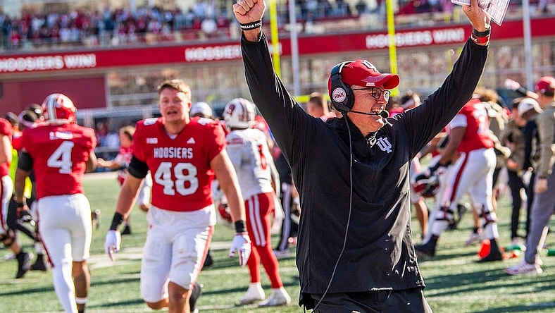 Nov 4, 2023; Bloomington, Indiana, USA; Indiana head coach Tom Allen celebrates after defeating Wisconsin at Memorial Stadium. Mandatory Credit: Rich Janzaruk-USA TODAY Sports