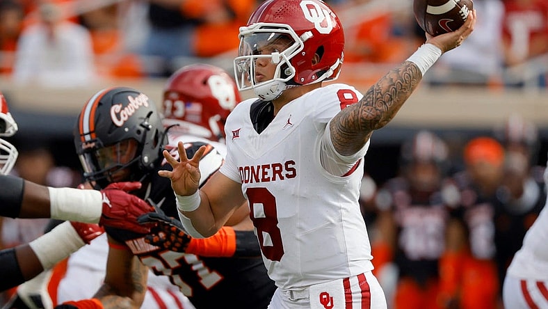 Oklahoma Sooners quarterback Dillon Gabriel (8) throws a pass during a Bedlam college football game between the Oklahoma State University Cowboys (OSU) and the University of Oklahoma Sooners (OU) at Boone Pickens Stadium in Stillwater, Okla., Saturday, Nov. 4, 2023.