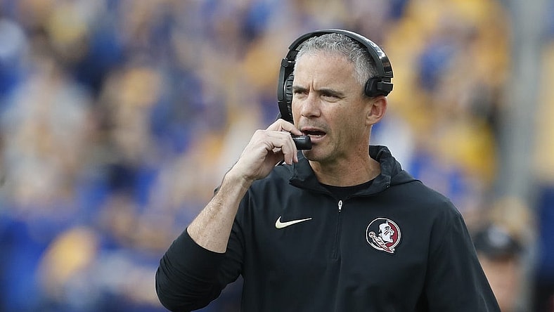 Nov 4, 2023; Pittsburgh, Pennsylvania, USA;  Florida State Seminoles head coach Mike Norvell on the sidelines against the Pittsburgh Panthers during the second quarter at Acrisure Stadium. Mandatory Credit: Charles LeClaire-USA TODAY Sports