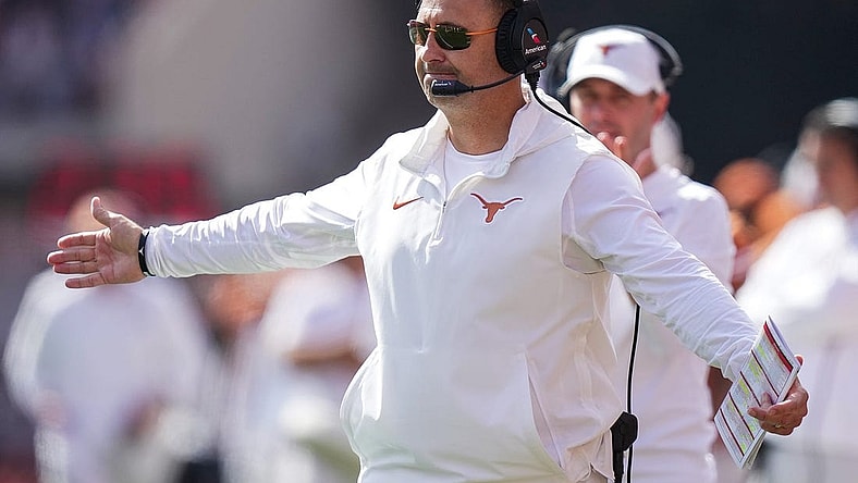 Texas Longhorns head coach Steve Sarkisian celebrates a score against Kansas State Wildcats in the second half of an NCAA college football game, Saturday, November. 4, 2023, in Austin, Texas. Texas Longhorns beat Kansas State Wildcats 33-30 in overtime.