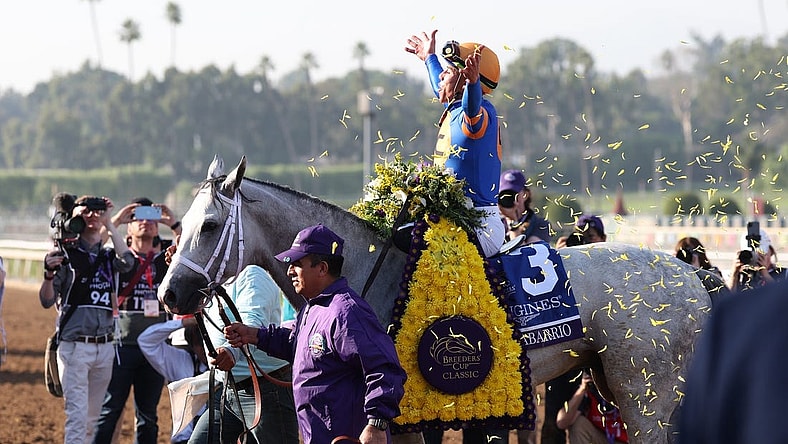 Nov 4, 2023; Santa Anita, CA, USA;  Jockey Irad Ortiz Jr. with White Abarrio (3) reacts after winning the BREEDERS' CUP CLASSIC during the 2023 Breeders' Cup World Championships at Santa Anita Park. Mandatory Credit: Kiyoshi Mio-USA TODAY Sports