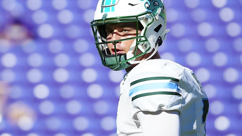 Nov 4, 2023; Greenville, North Carolina, USA;  Tulane Green Wave quarterback Michael Pratt (7) looks on before the game against the East Carolina Pirates at Dowdy-Ficklen Stadium. Mandatory Credit: James Guillory-USA TODAY Sports