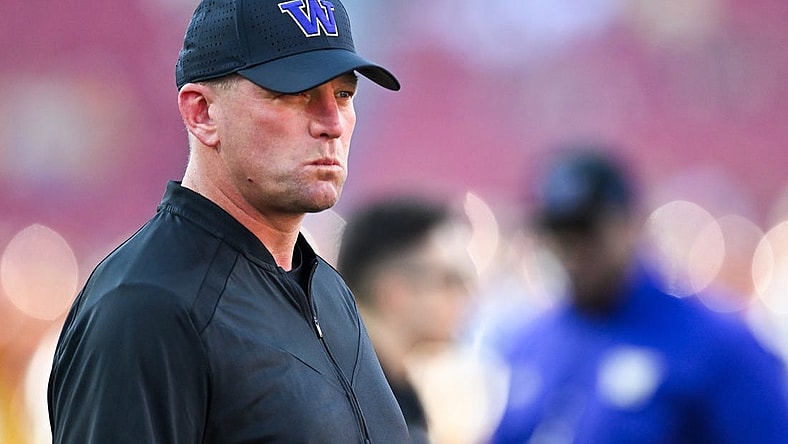 Nov 4, 2023; Los Angeles, California, USA; Washington Huskies head coach Kalen DeBoer against the USC Trojans during warmups at United Airlines Field at Los Angeles Memorial Coliseum. Mandatory Credit: Jonathan Hui-USA TODAY Sports