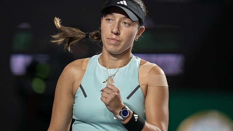 Nov 4, 2023; Cancun, Mexico; Jessica Pegula (USA) celebrates winning her match against Coco Gauff (USA) on day seven of the GNP Saguaros WTA Finals Cancun. Mandatory Credit: Susan Mullane-USA TODAY Sports