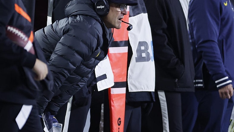 Nov 4, 2023; Ann Arbor, Michigan, USA;  Michigan Wolverines head coach Jim Harbaugh on the sideline in the first half against the Purdue Boilermakers at Michigan Stadium. Mandatory Credit: Rick Osentoski-USA TODAY Sports