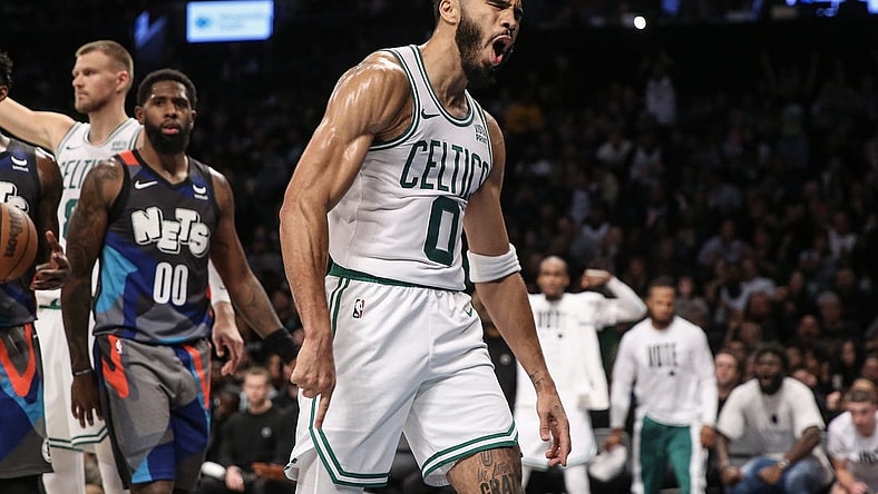 Nov 4, 2023; Brooklyn, New York, USA;  Boston Celtics forward Jayson Tatum (0) reacts after being fouled on a made basket in the second quarter against the Brooklyn Nets at Barclays Center. Mandatory Credit: Wendell Cruz-USA TODAY Sports