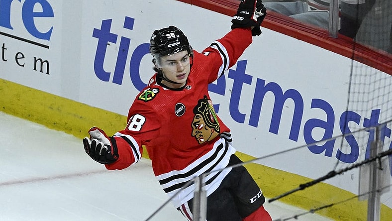 Nov 4, 2023; Chicago, Illinois, USA;  Chicago Blackhawks center Connor Bedard (98) celebrates after he scores a goal against the Florida Panthers during the second period at the United Center. Mandatory Credit: Matt Marton-USA TODAY Sports