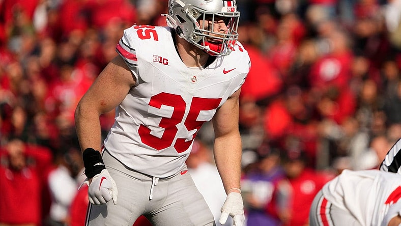 Nov 4, 2023; Piscataway, New Jersey, USA; Ohio State Buckeyes linebacker Tommy Eichenberg (35) lines up for a play during the NCAA football game against the Rutgers Scarlet Knights at SHI Stadium. Ohio State won 35-16.