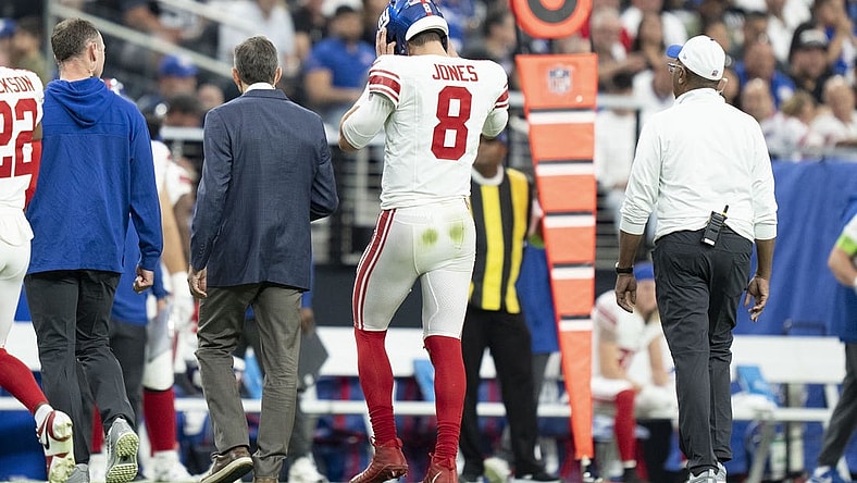 November 5, 2023; Paradise, Nevada, USA; New York Giants quarterback Daniel Jones (8) walks to the sideline after an injury against the Las Vegas Raiders during the second quarter at Allegiant Stadium. Mandatory Credit: Kyle Terada-USA TODAY Sports