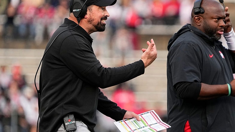 Nov 4, 2023; Piscataway, New Jersey, USA; Ohio State Buckeyes head coach Ryan Day motions from the sideline during the NCAA football game against the Rutgers Scarlet Knights at SHI Stadium. Ohio State won 35-16.