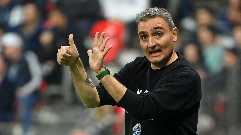 Nov 5, 2023; Vancouver, British Columbia, CAN; Vancouver Whitecaps FC head coach Vanni Sartini reacts to a play against Los Angeles FC during the second half of game two in a round one match of the 2023 MLS Cup Playoffs at BC Place. Mandatory Credit: Anne-Marie Sorvin-USA TODAY Sports