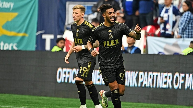 Nov 5, 2023; Vancouver, British Columbia, CAN;Los Angeles FC forward Denis Bouanga (99) celebrates after beating the Vancouver Whitecaps in game two in a round one match of the 2023 MLS Cup Playoffs at BC Place. Mandatory Credit: Simon Fearn-USA TODAY Sports