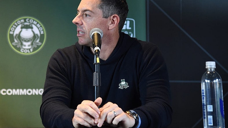 Nov 6, 2023; Boston, Massachusetts, USA;  Boston Common Golf player Rory McIlroy addresses a member of the media during a press conference at MGM Music Hall MassMutual Lounge. Mandatory Credit: Bob DeChiara-USA TODAY Sports