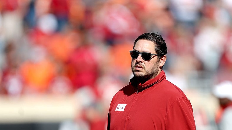 Oklahoma offensive coordinator Jeff Lebby in the first half during a Bedlam college football game between the Oklahoma State University Cowboys (OSU) and the University of Oklahoma Sooners (OU) at Boone Pickens Stadium in Stillwater, Okla., Saturday, Nov. 4, 2023