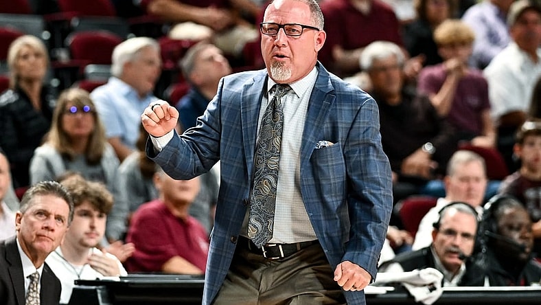 Nov 6, 2023; College Station, Texas, USA; Texas A&M Aggies head coach Buzz Williams reacts during the first half against the Texas A&M Commerce at Reed Arena. Mandatory Credit: Maria Lysaker-USA TODAY Sports