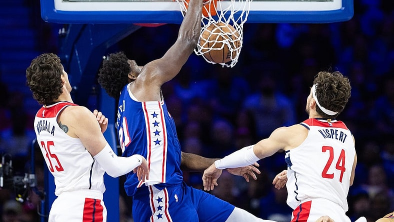 Nov 6, 2023; Philadelphia, Pennsylvania, USA; Philadelphia 76ers center Joel Embiid (21) dunks the ball past Washington Wizards center Mike Muscala (35) and forward Corey Kispert (24) during the third quarter at Wells Fargo Center. Mandatory Credit: Bill Streicher-USA TODAY Sports