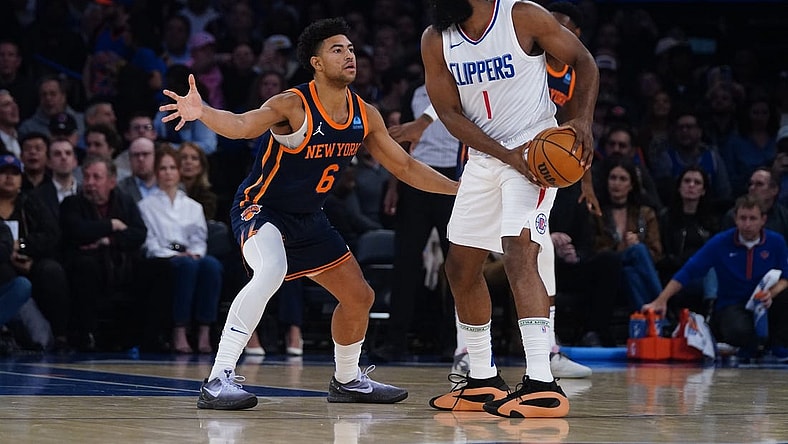 Nov 6, 2023; New York, New York, USA; New York Knicks shooting guard Quentin Grimes (6) defends against Los Angeles Clipper shooting guard James Harden (1) during the first half at Madison Square Garden. Mandatory Credit: Gregory Fisher-USA TODAY Sports