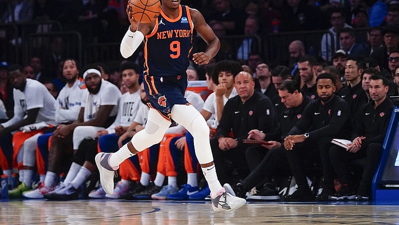 Nov 6, 2023; New York, New York, USA; New York Knicks shooting guard RJ Barrett (9) dribbles the ball up the court against the Los Angeles Clippers during the first half at Madison Square Garden. Mandatory Credit: Gregory Fisher-USA TODAY Sports