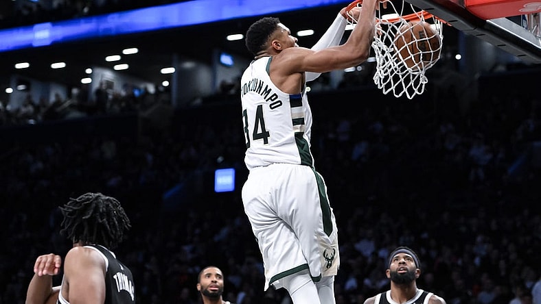 Nov 6, 2023; Brooklyn, New York, USA; Milwaukee Bucks forward Giannis Antetokounmpo (34) dunks the ball against the Brooklyn Nets during the fourth quarter at Barclays Center. Mandatory Credit: John Jones-USA TODAY Sports