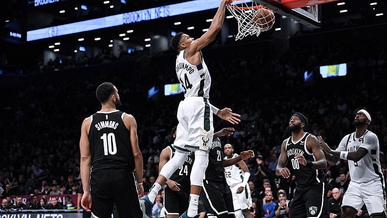 Nov 6, 2023; Brooklyn, New York, USA; Milwaukee Bucks forward Giannis Antetokounmpo (34) dunks the ball against the Brooklyn Nets during the fourth quarter at Barclays Center. Mandatory Credit: John Jones-USA TODAY Sports