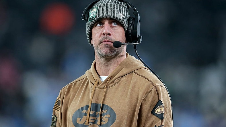 Nov 6, 2023; East Rutherford, New Jersey, USA; New York Jets injured quarterback Aaron Rodgers reacts during the fourth quarter against the Los Angeles Chargers at MetLife Stadium. Mandatory Credit: Brad Penner-USA TODAY Sports