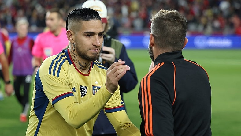 Nov 6, 2023; Sandy, Utah, USA; Real Salt Lake forward Cristian Arango (9) following the victory against Houston Dynamo at America First Field. Mandatory Credit: Rob Gray-USA TODAY Sports