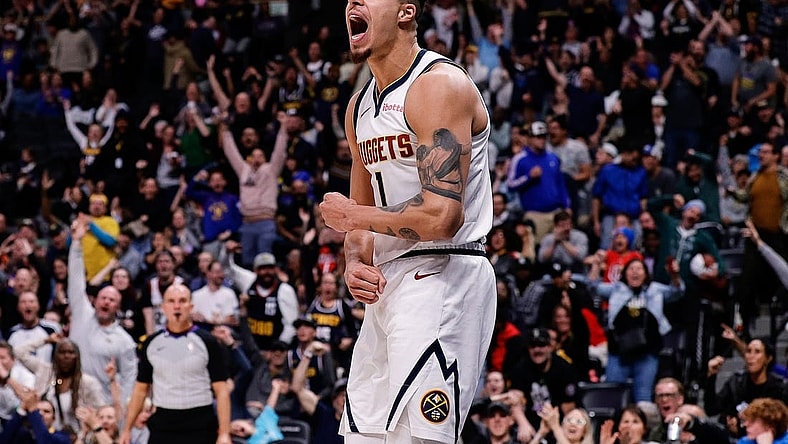 Nov 6, 2023; Denver, Colorado, USA; Denver Nuggets forward Michael Porter Jr. (1) reacts after a play in the fourth quarter against the New Orleans Pelicans at Ball Arena. Mandatory Credit: Isaiah J. Downing-USA TODAY Sports