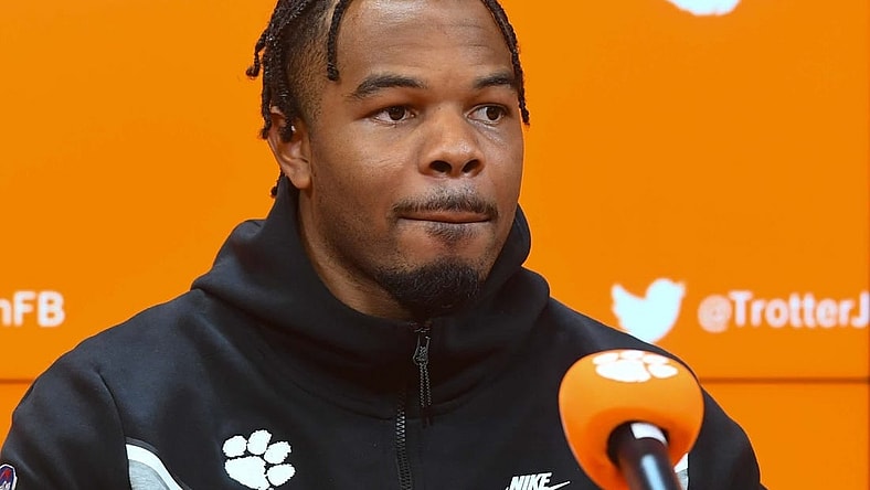 Clemson linebacker Jeremiah Trotter Jr. speaks in the Smart Family Media Center at the Poe Indoor Facility in Clemson, S.C. Tuesday, November 7, 2023.