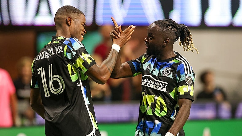 Nov 7, 2023; Atlanta, Georgia, USA; Atlanta United forward
Xande Silva (16) celebrates with midfielder Tristan Muyumba (8) after scoring a goal in the first half against Columbus Crew at Mercedes-Benz Stadium. Mandatory Credit: Brett Davis -USA TODAY Sports