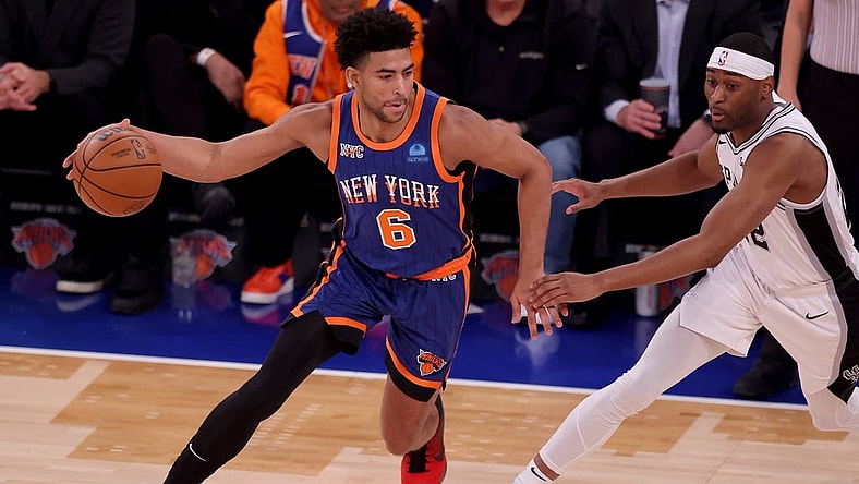 Nov 8, 2023; New York, New York, USA; New York Knicks guard Quentin Grimes (6) controls the ball against San Antonio Spurs guard Malaki Branham (22) during the first quarter at Madison Square Garden. Mandatory Credit: Brad Penner-USA TODAY Sports