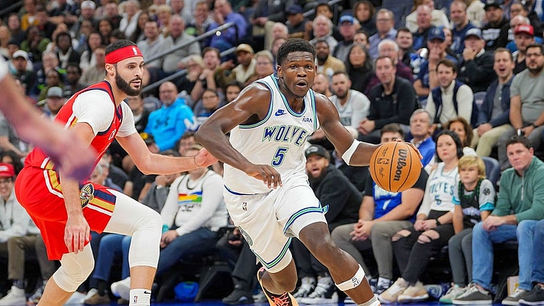 Nov 8, 2023; Minneapolis, Minnesota, USA; Minnesota Timberwolves guard Anthony Edwards (5) dribbles against the New Orleans Pelicans in the second quarter at Target Center. Mandatory Credit: Brad Rempel-USA TODAY Sports