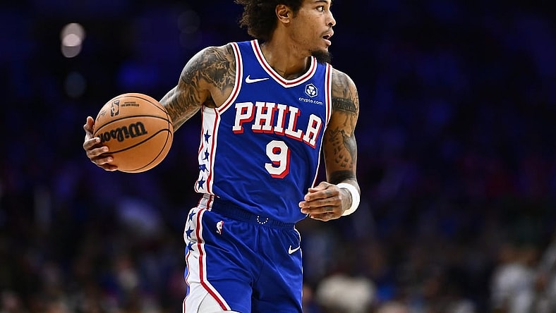 Nov 8, 2023; Philadelphia, Pennsylvania, USA; Philadelphia 76ers guard Kelly Oubre Jr (9) controls the ball against the Boston Celtics in the third quarter at Wells Fargo Center. Mandatory Credit: Kyle Ross-USA TODAY Sports