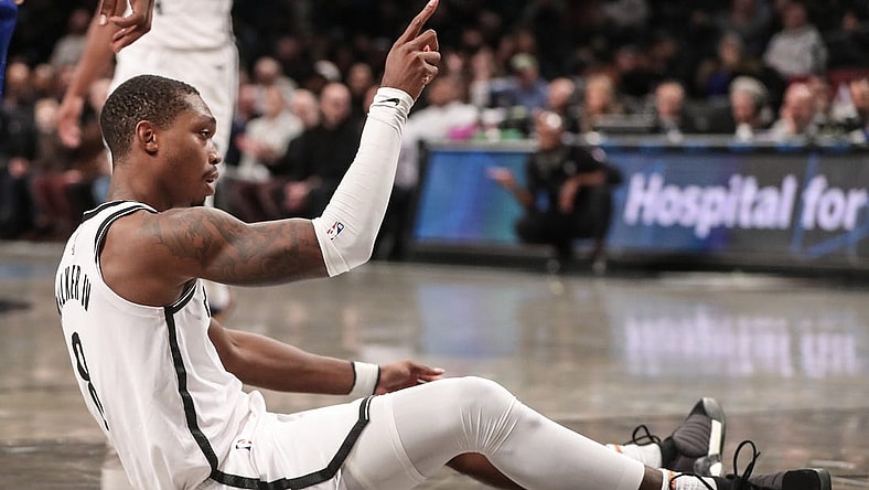 Nov 8, 2023; Brooklyn, New York, USA;  Brooklyn Nets guard Lonnie Walker IV (8) reacts after being fouled in the second quarter against the LA Clippers at Barclays Center. Mandatory Credit: Wendell Cruz-USA TODAY Sports