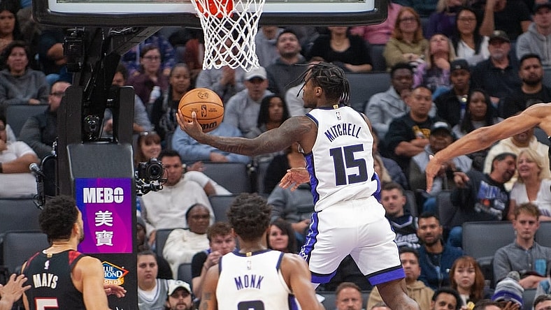 Nov 8, 2023; Sacramento, California, USA; Sacramento Kings guard Davion Mitchell (15) puts up a shot during the first quarter against the Portland Trail Blazers at Golden 1 Center. Mandatory Credit: Ed Szczepanski-USA TODAY Sports